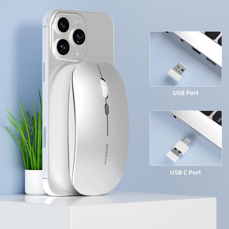 Uciefy Q5 Slim Rechargeable Wireless Mouse, 2.4G Portable Optical Silent Ultra Thin Wireless Computer Mouse with USB Receiver and Type C Adapter, Compatible with PC, Laptop, Notebook, Desktop (Silver) - Image 2